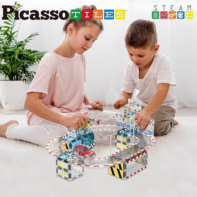 PicassoTiles Magnet Tile Race Car Track Construction Toy Blocks with 2 Trucks Accessory Street Sign Add-on Kit Magnetic Building Tiles Stadium Seat Playset STEAM Fine Motor Learning Kids Age 3+ PTQ05