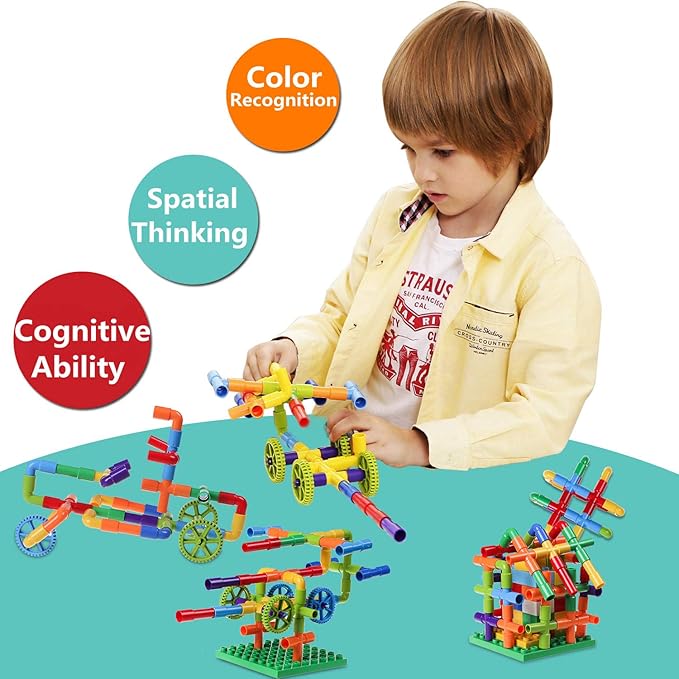 burgkidz 426 Pieces Toy Pipe, Creative STEM Tube Locks Construction with Wheels and Mini Baseplate, Interlocking Educational Sensory Kit, Preschool Learning Toys for Boy and Girls Ages 3+