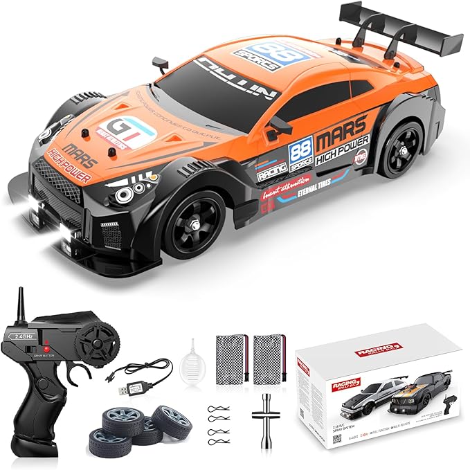 Remote Control Car RC Drift Car 1/16 Scale 4WD with LED Lights 2.4ghz 18km/H Rechargeable High Speed Drift Racing Sport Toy for Adults Boys Girls Kids Gift 2pcs Batteries and Extra Tires