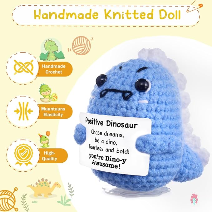 Funny Easter Basket Stuffers Positive Crochet Animals Dinosaur, Stress Relief Gifts for College Student Graduation Boyfriend Husband Women Birthday Desk Decor (Light Blue Dinosaur)