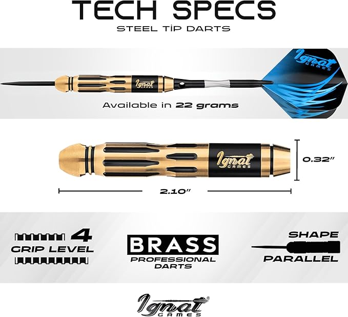 IgnatGames Steel Tip Darts Set - 3/6/12 Pack Brass Darts Metal Tip Set with Exquisite Case - Aluminum Shafts, 2 Sets of Flights, Dart Tool & Sharpener