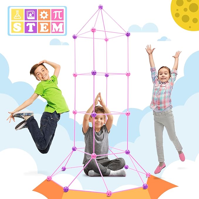 Kids Fort Building Kit 120 Pieces Construction STEM Toys for 5 6 7 8 9 10 11 12 Years Old Boys and Girls Ultimate Forts Builder Gift Build DIY Educational Learning Toy for Indoor Outdoor(Purple+Pink)