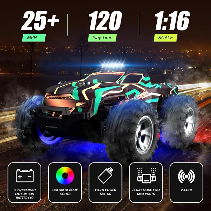 Remote Control Car for 4-7 8-12 Boys, 1/16 Scale All Terrain RC Cars,High Speed 25Km/h Fast Car with Colorful Led Light and Spray, Two Rechargeable Battery RC Truck, Toy Car Gift for Teen Boys Girl