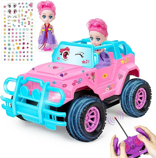 YongnKids Remote Control Car for Kids, 1:20 Scale Rc Trucks for Girls Age 4-7, Pink Rc Cars Toys for Ages 5-7 8-13 Boys Girls Birthday Gift, Off Road Trucks with Mini Doll & DIY Sticker
