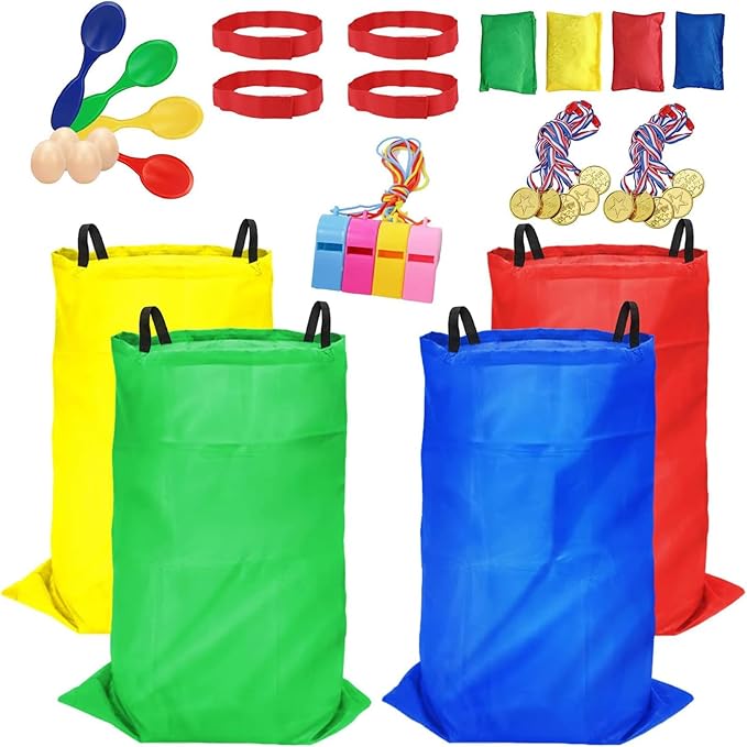 32 Pcs Outdoor Games Potato Sack Race Bags for Kids Adults, Bean Bag Toss Game, 3 Legged Race Bands, Egg Spoon Relay Race Game, Carnival Outside Yard Lawn Games for Easter Christmas Birthday Party