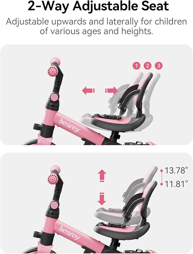 besrey 5 in 1 Toddler Bike, Toddler Tricycle for 1-3 Year Old, Trike with Push Handle, Backrest and Safety Belt, Birthday Gifts and Toys for Boys and Girls, Balance Bike