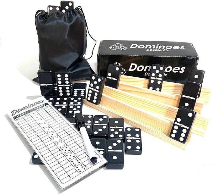 Double Six Dominoes Large Size Full Set Comes with Score pad & Pen 4 pcs Wooden Domino Racks and Black Dominos Bag Adults Kids Seniors Black Color (01)