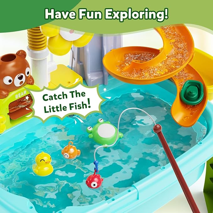 Water Table for Toddlers 1-3, Water Table for Kids Ages 4-8 with Pump, Sensory Tables with Play Vegetables, Tableware & Fishing Game, Outdoor Toy Summer Beach for Kids Boys Girls Age 3 4 5 6 7 8