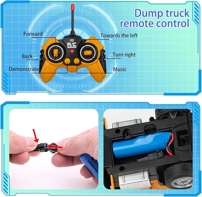 Remote Control Excavator and Dump Truck Toy Set - RC Construction Vehicles Toy with Barricades, Road Signs, Simulated Rocks, Lights and Sounds, Present for Toddlers 3-12 Year Boys Girls