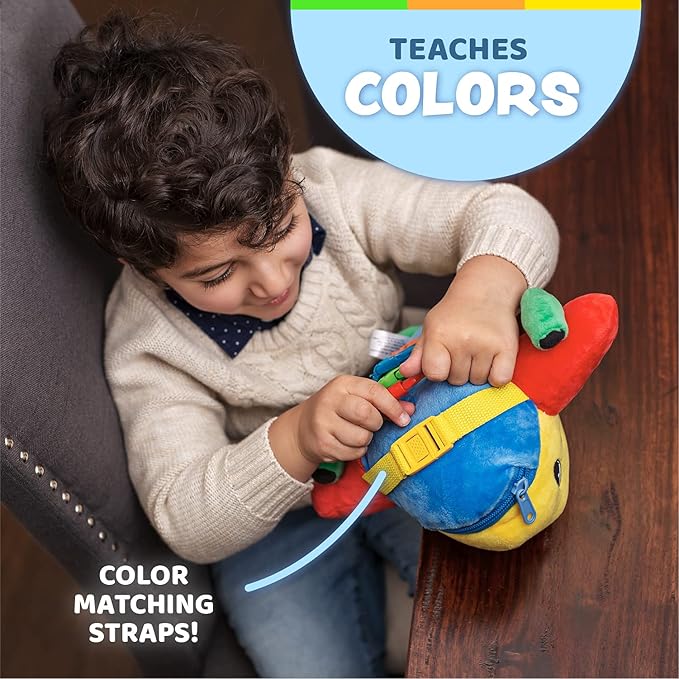 Buckle Toys Bolt Airplane Toys for Toddlers 1-3, Airplane Travel Essentials Kids Sensory Toy to Develop Fine Motor Skills and Learn Shapes and Colors, Includes Storage Pocket for Small Items