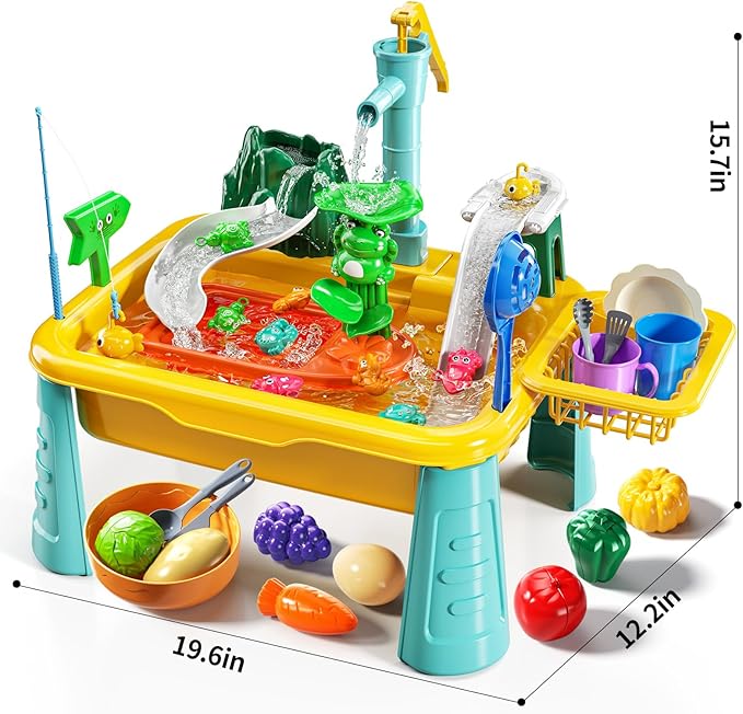 Water Table Play Sink Toy for Kids 3 4 5 6 Years Old - Outdoor Kitchen with Running Water, Fishing Games, Toddler Water Play Table for Kids Ages 3-8, Beach Outdoor Toys, Summer Gifts