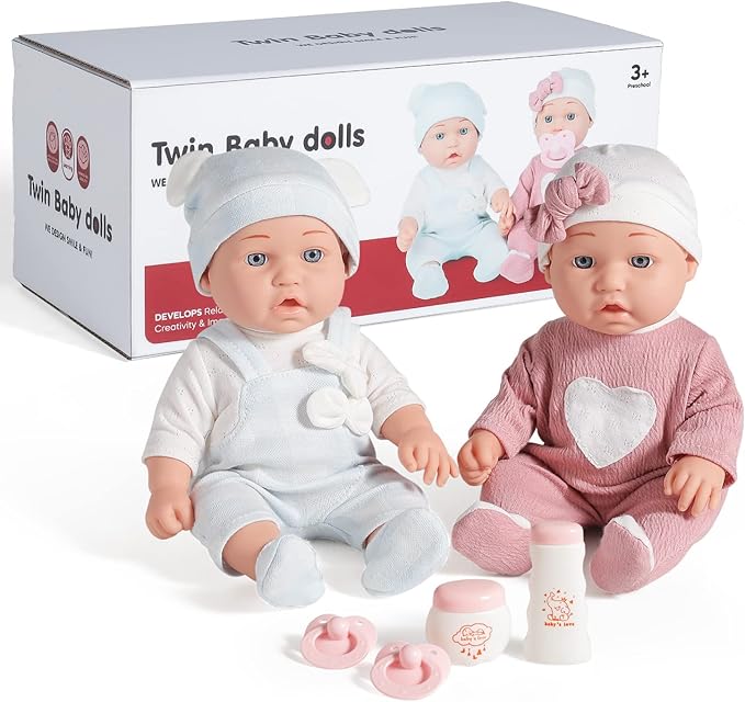 12'' Twins Baby Doll Playset with Accessories Includes Boy and Girl Dolls, 2 Powder Bottles, and 2 Pacifiers, Ideal Gift for Children Age 3+
