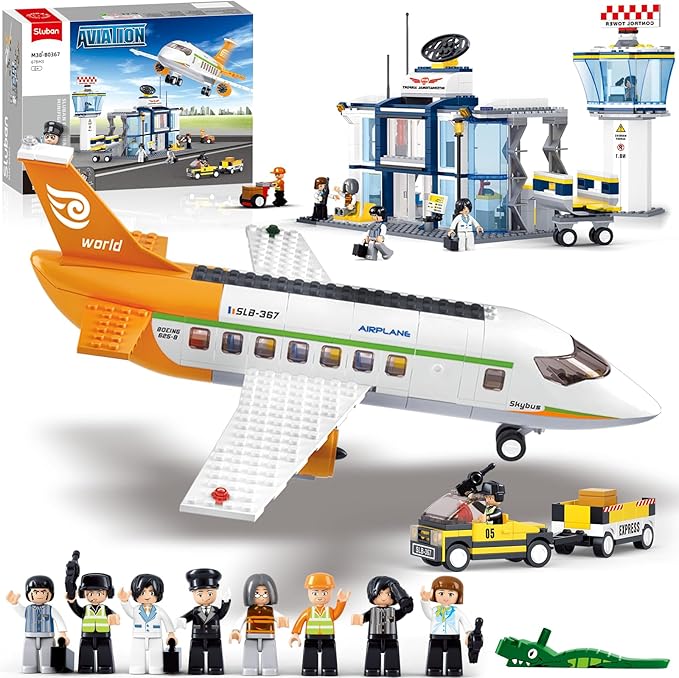 Airplane Building Set, City Airport Passenger Plane Toy for 6+ Year Old Boys and Girls, Compatible with Lego Plane, with an Airplane, Control Tower, Terminal, Baggage Cart, and 8 Minifigures