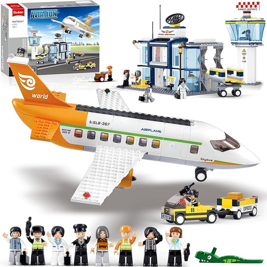 Airplane Building Set, City Airport Passenger Plane Toy for 6+ Year Old Boys and Girls, Compatible with Lego Plane, with an Airplane, Control Tower, Terminal, Baggage Cart, and 8 Minifigures