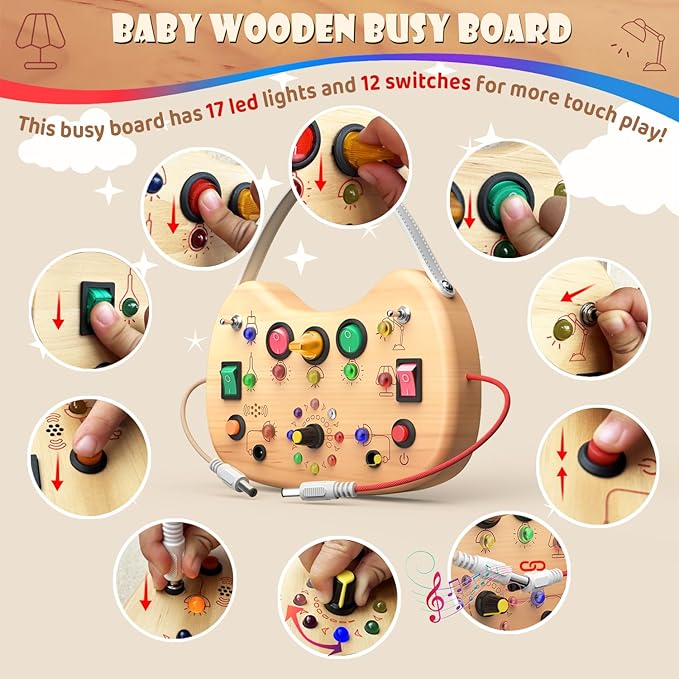 Toddler Busy Board with LED Light Up Switch, Wooden Montessori Busy Board for Todder 1-3, Travel Toys for Autistic Kids, Gift for 1 2 3 Year Old Baby Boys & Girls