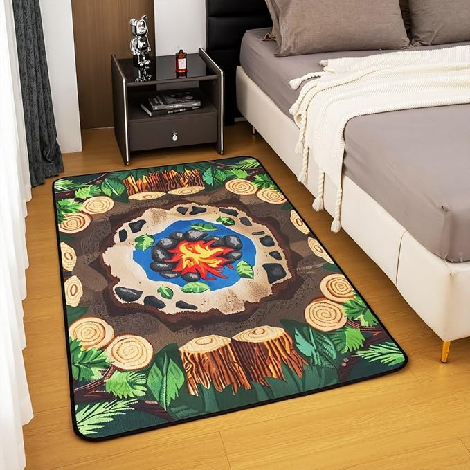 Erosebridal Campfire Area Rug 6'6" x 4'11" Tree Stump Rug for Teens Kids Fun Woodland Campsite Summer Happy Camping Carpet Cartoon Stones Green Tree Non Slip Living Room Rugs