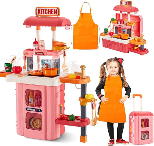 3-in-1 Kids & Toddler Play Kitchen - Interactive Kitchen Playset with Real Cooking Sounds & Lights, 50 Accessories & Flowing Water Feature, Portable Travel Suitcase Design Learning Toys for Ages 2-6