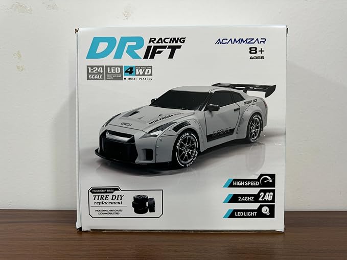 ACAMMZAR RC Drift Car, 1:24 Remote Control Car for Kids, 20KM/H 4WD High Speed RC Cars with LED Lights, Two Batteries, Extra Drifting Tires, Vehicle for Adults Boys Girls