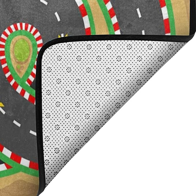 Kids Rug, Race Track Playmat Rugs - 5x7 Ft Kids Carpet with Rubber Backing, Start and Finish line Racing Track Marking Car or Karting Road Race 3D Play Mat Nursery Rugs for Children Bedroom Playroom