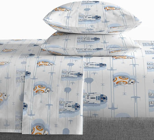 Saturday Park Star Wars Droids Queen Sheet Set - 4 Piece 100% Organic Cotton Sheets Features R2-D2 & BB-8 - GOTS & Oeko-TEX Certified (Star Wars Official)