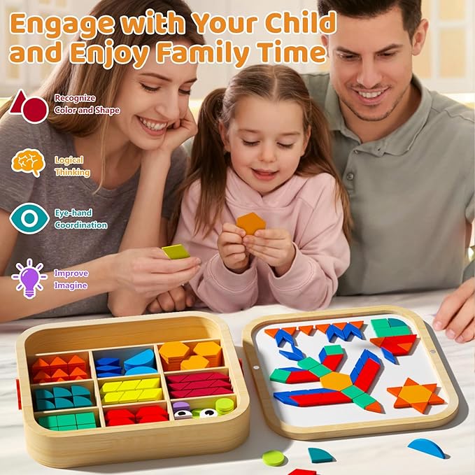 Wooden Magnetic Pattern Blocks Set with Cards, 288 PCS Montessori Tangram Puzzle Learning Toys for Toddlers 3-5, Educational STEM Gift for Kids Boys Girls 3 4 5 6