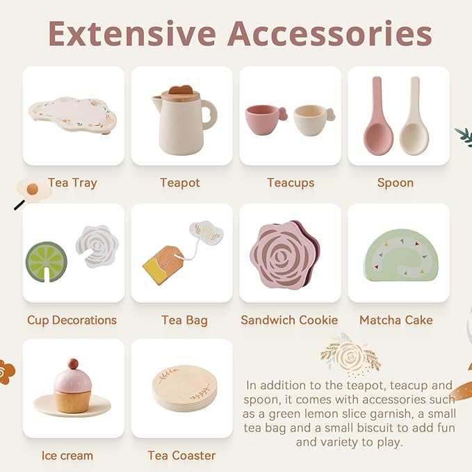 Tea Party Set for Kids - Wooden Tea Set for Little Girls 15PCS Silicone Toddler Tea Set Kitchen Accessories Pretend Play Toy Tea Set for Toddlers - Birthday Gift (Purple)