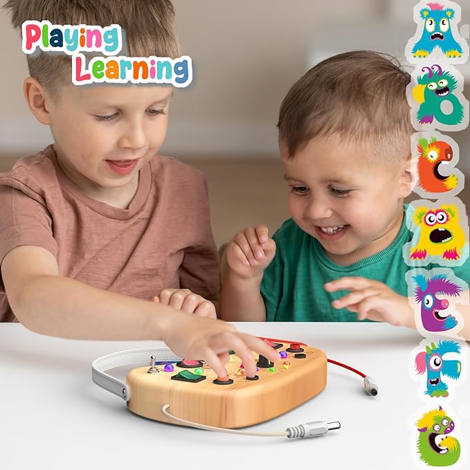 Montessori Toddler Busy Board Sensory Toys for Toddlers Wooden Autism Sensory Toy, Toddler Switch Board with 17 LED Lights for Kids 1-6 Year Olds to Develop Fine Motor Skills.