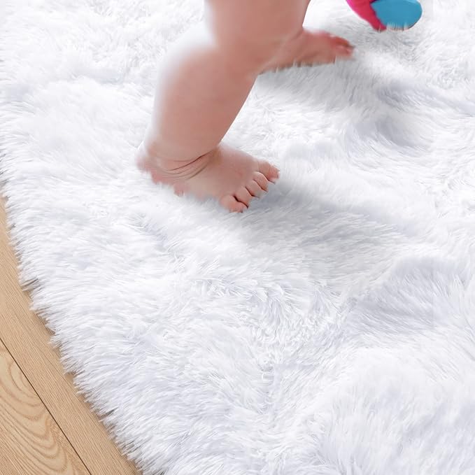 junovo Round Rug 6x6 Feet Fluffy Soft Area Rugs for Kids Girls Room Princess Castle Plush Shaggy Carpet Cute Circle Nursery Rug for Kids Teen's Bedroom Home Decor Large Circular Carpet, White