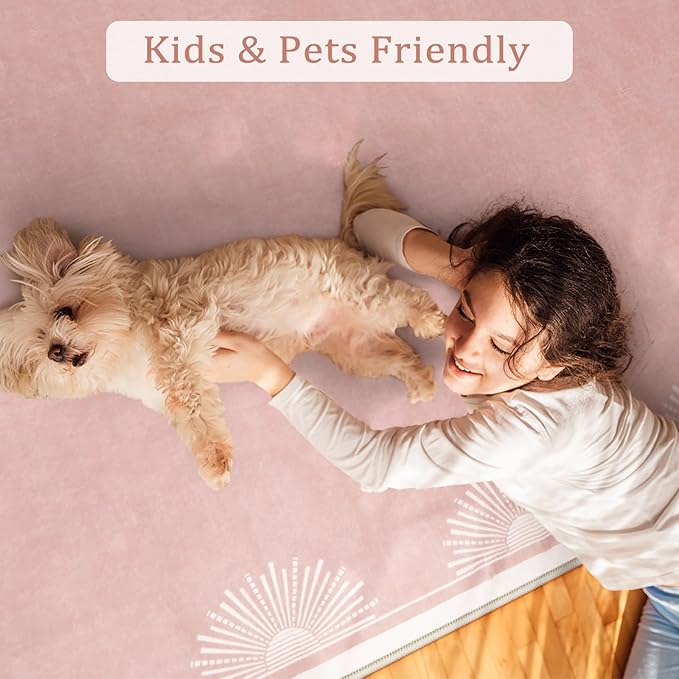 Modern Pink 8x10 Rug for Living Room,Ultra Thin Washable Bedroom Rug 8x10 Under Bed, Non Slip Sun Print Large Rugs, Non Shedding Throw Carpet for Girls Room Nursery Dorm(8'x10',Pink)