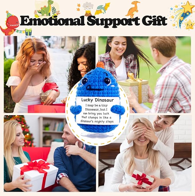 Funny Easter Basket Stuffers Positive Crochet Animals Dinosaur, Stress Relief Gifts for College Student Graduation Boyfriend Husband Women Birthday Desk Decor(Deep Blue Dinosaur)