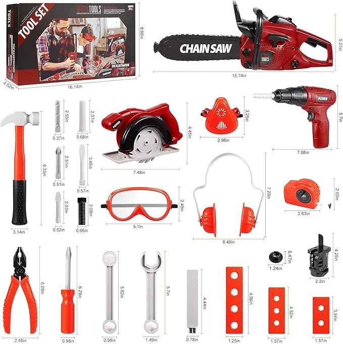 Vextronic Kids Tool Set 36 PCS with Toy Chainsaw Electronic Toy Drill with Sound and Light, Pretend Play Kids Tool Box Construction Toy, Great Toy Tool Set for Toddlers Boys Girls Ages 3+