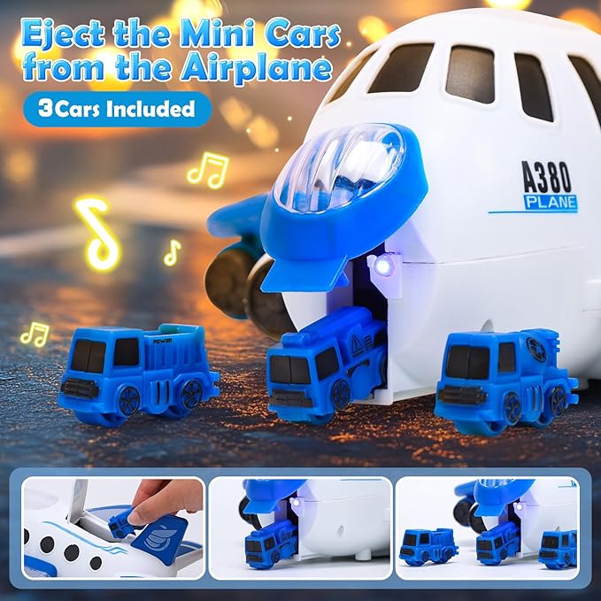 HOLYFUN Toddler Airplane Toys with Mini Cars, Kids Music Toy Plane with Sounds and Lights for 3,4,5 Year Olds Boys and Girls