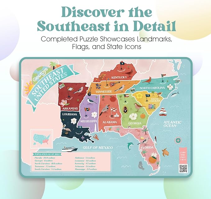 Geotoys Southeast Region Jigsaw Puzzle - 250 Piece Puzzle for Kids - Jigsaw Puzzles for Kids Ages 8-12 Years Old - Geography Puzzles with Colorful Landmarks, United States Flag and More