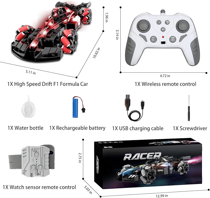 2.4GHz Gesture Sensing Remote Control Car - 360° Spin High Speed Drift F1 Formula Racing, with Spray, Music & Light, 2 Control Mode, Toy for Kids 8-12 Year Birthday Coolest Best Toy (Red)