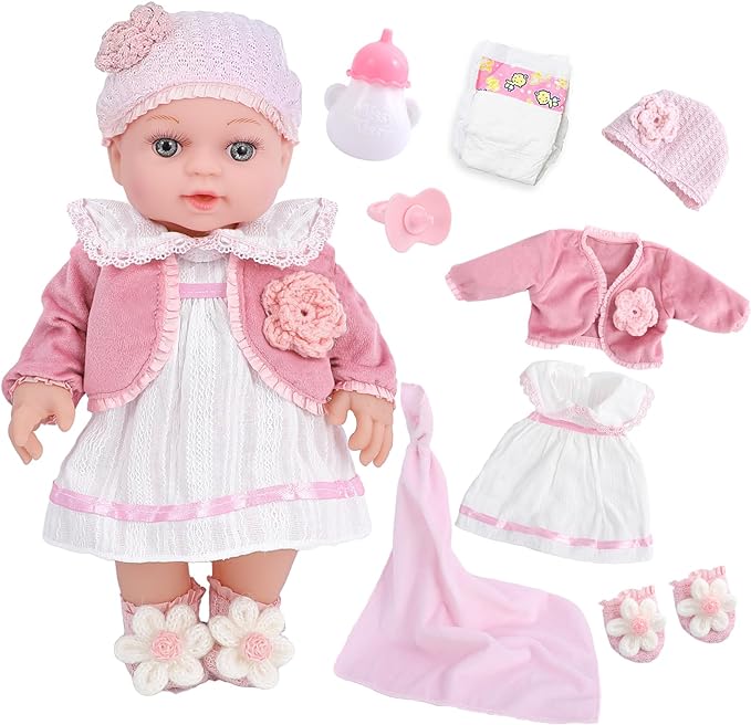 12" Girl Baby Dolls Playset Adoption Baby Doll with Clothes Accessories Include Outfits,Pacifier,Disposable Diaper,Blanket,Feeding Bottle Toy Stuff for Toddler 3 Ages and Up