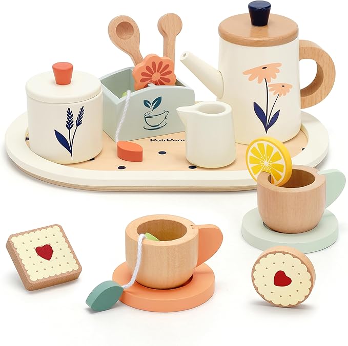 PairPear Wooden Tea Set for Toddlers,Wooden Toys Tea Party Set Play Kitchen Accessories for Kids Girls and Boys 3 Years and up,Toddler Princess Tea Time Party Food Toys