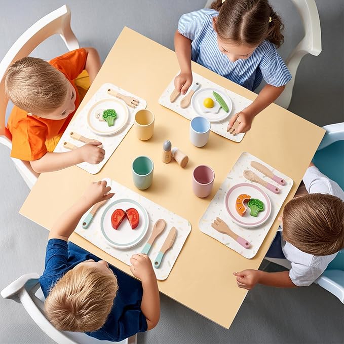 Wooden Play Kitchen Accessories Toys for Toddlers 3-5, Kids Play Kitchen with Realistic Plates & Dishes & Tableware, Montessori Pretend Christmas Birthday Gifts for 3 4 5 6 Years Girls Boys