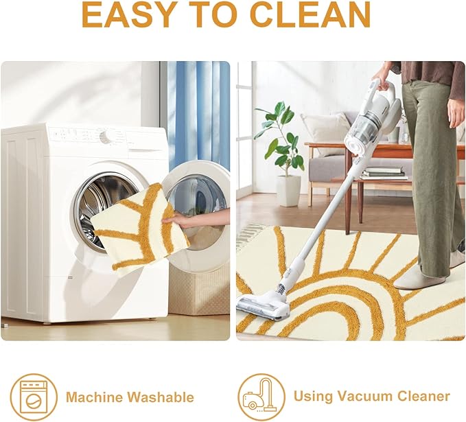 OJIA Boho Area Rug 4'x6', Tufted Living Room Rug Cotton Woven Machine Washable Rugs Beige Bedroom Rug, Farmhouse Tribal Floor Carpet Accent Rugs for Nursery Room/Dining Room