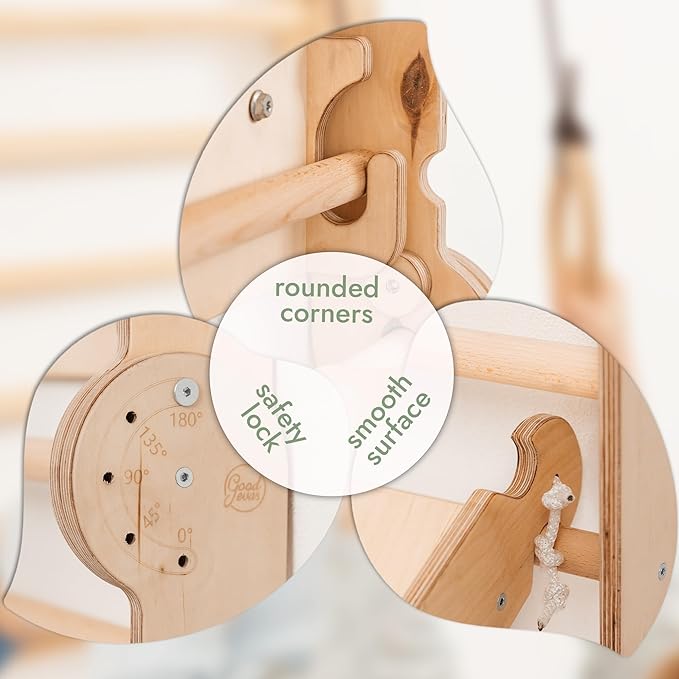 6-in-1 Indoor Playground for Kids – Wooden Swedish Wall, Climbing Ladder, Slide, Swing, Gymnastics Rings, Rock Climbing Wall – Jungle Gym Play Set for Ages 2-12