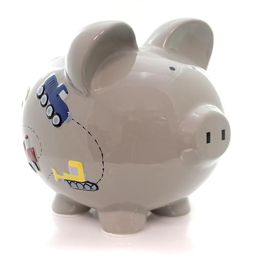 Child to Cherish Ceramic Piggy Bank for Boys, Construction Trucks, Grey