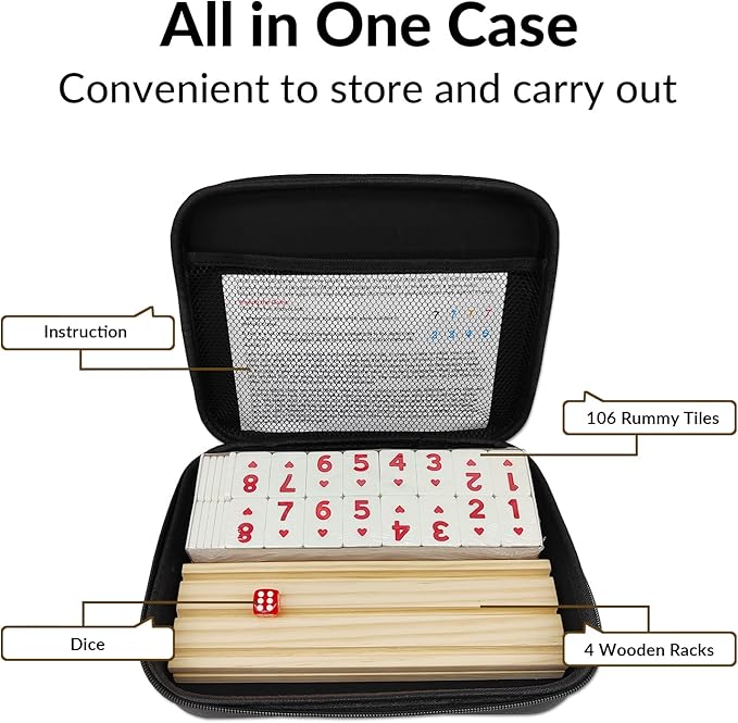 Rummy Cube Game with 4 Wooden Racks, 106 Rummy Tiles Game Set with Travel Case Rummy Cube Travel Set with 4 Tiles Holders for Family Game Night