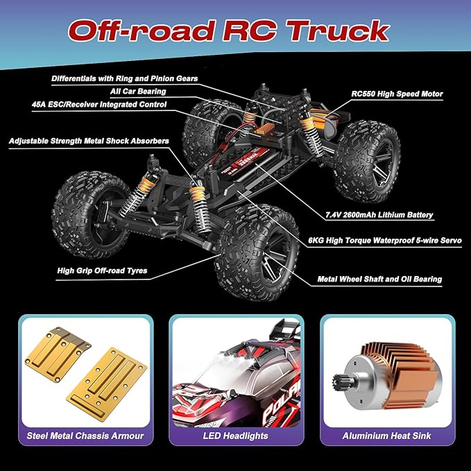1:8 Fast RC Cars for Adults, 45KM/H High Speed Off-Road Remote Control Truck, 2.4GHz All Terrain RC Car with LED Lights, 2 Rechargeable 2600mAh Batteries, Waterproof, Gift for Men Kids
