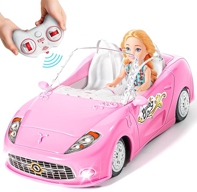 Pink Remote Control Car for Girls, 2.4Ghz Racing for Toddler, 1:18 RC Toys for Kids with Doll, 100 mins with Rechargeable Battery, Birthday for Grils