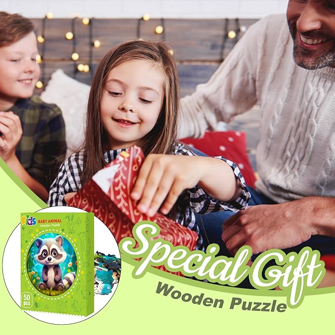 Easter Gifts for Kids Girls Boys, Easter Basket Stuffers, Wooden Jigsaw Puzzles for Kids Ages 4-6, 50 Piece Unique Shape Animal Theme Puzzle - Preschool Learning Educational Toys for Kid 3+ (Raccoon)