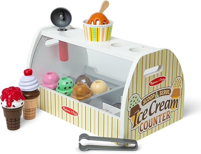 Melissa & Doug Wooden Scoop and Serve Ice Cream Counter With Play Food and Accessories (28 Pcs) Pretend Food, Ice Cream Toys, For Kids Ages 3+