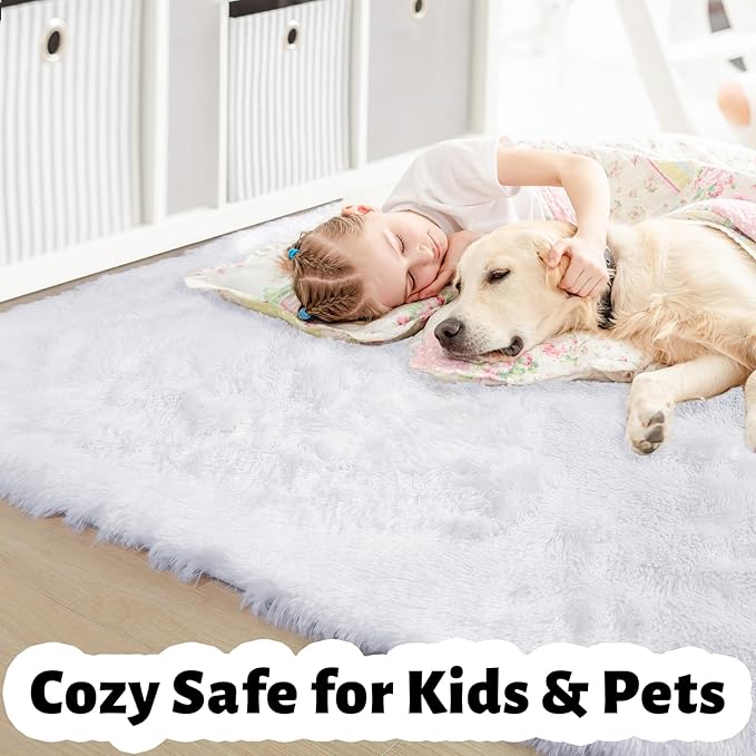 White Area Rugs for Bedroom Living Room, Fluffy Shag Rug 5x8 for Kids Room Decor, Modern Furry Plush Rugs for Baby Nursery, Teen Girls Boys, Cute Fuzzy White Fur Carpet for Dorm, Home Office, Playroom