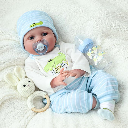 SCOM Lifelike Reborn Baby Dolls - 22 inch Realistic Baby Toddler Dolls Soft Cloth Body Vinyl Limbs, with Clothes and Doll Accessories Gifts for Kids Age 3+ (Blue&Blanket)