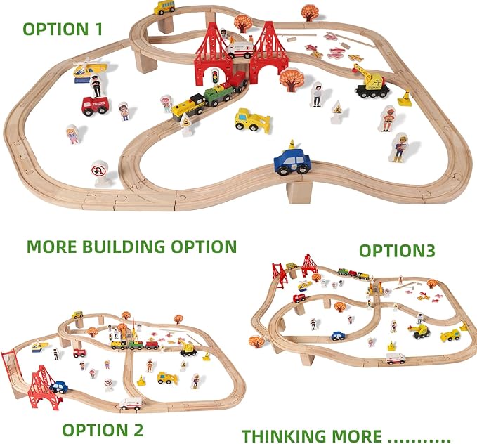100 Pcs Wooden Train Track Set, Toys Train Railway Vehicles for 3-10 Years Old Kids Boys & Girls Christmas Toys, Fits with Thomas, Brio, IKEA, Melissa and Doug