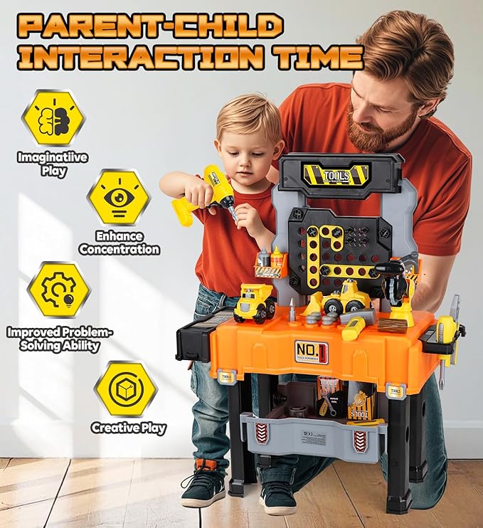 Lehoo Castle Toddler Tool Bench with Electric Drill & Take Apart Construction Vehicles, 2-in-1 Workbench ＆ Toolbox for Kids, Toy Tool Set for Toddlers Age 3, Birthday Festival Gift for Boys & Girls