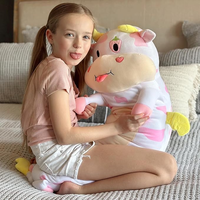 Long Cow Body Pillow 43.3Inch Cow Body Pillow, Pink Cow Stuffed Animal Glow in The Dark, Strawberry Cow Pillow with Heart for Kids Girlfriend,Birthday, Thanksgiving, Christmas Pillow Gift